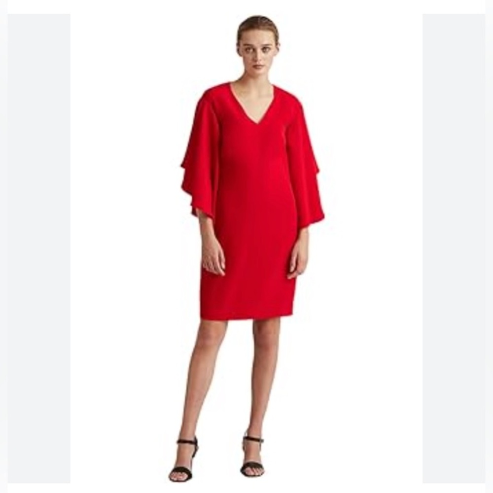NWT Ralph Lauren Yaira Red V-neck Cocktail Formal Dress Billow 3/4 Sleeves 16